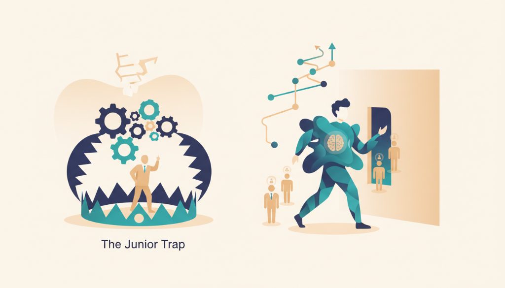 Diagram illustrating the transition from traditional junior code transcription to the modern AI-assisted Coached Operator role in software engineering