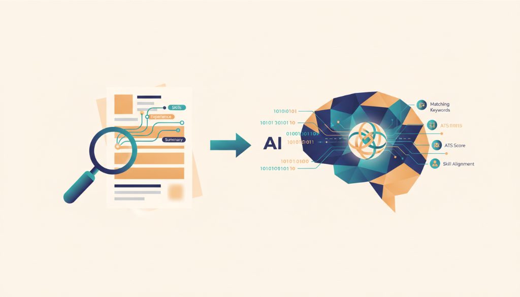 Diagram illustrating recruiter eye-tracking focus areas alongside structured ATS candidate indexing and parsing workflows