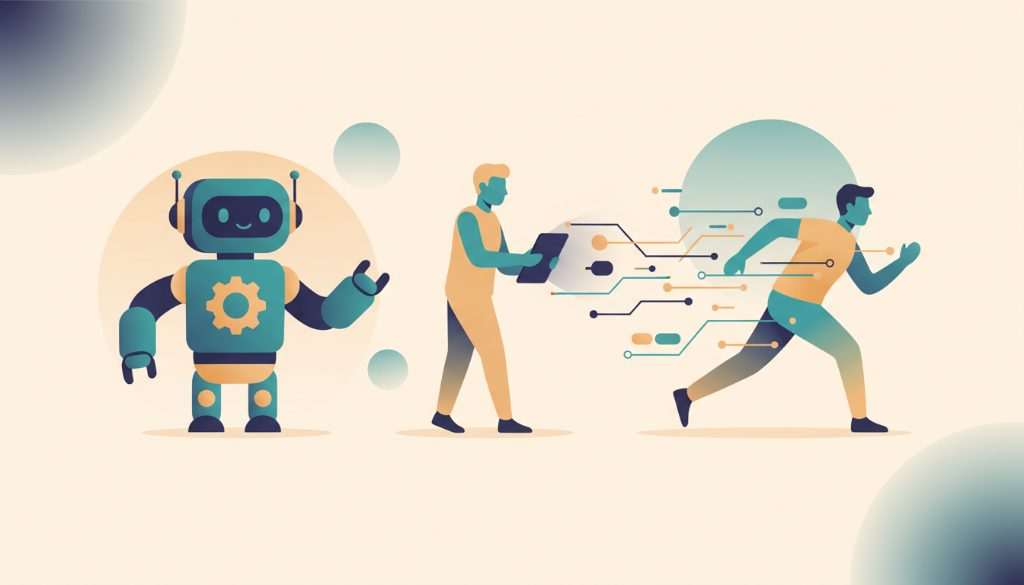 Professional standing at a crossroads between traditional work tools and AI-powered instruments, symbolizing the career choice between AI augmentation and obsolescence
