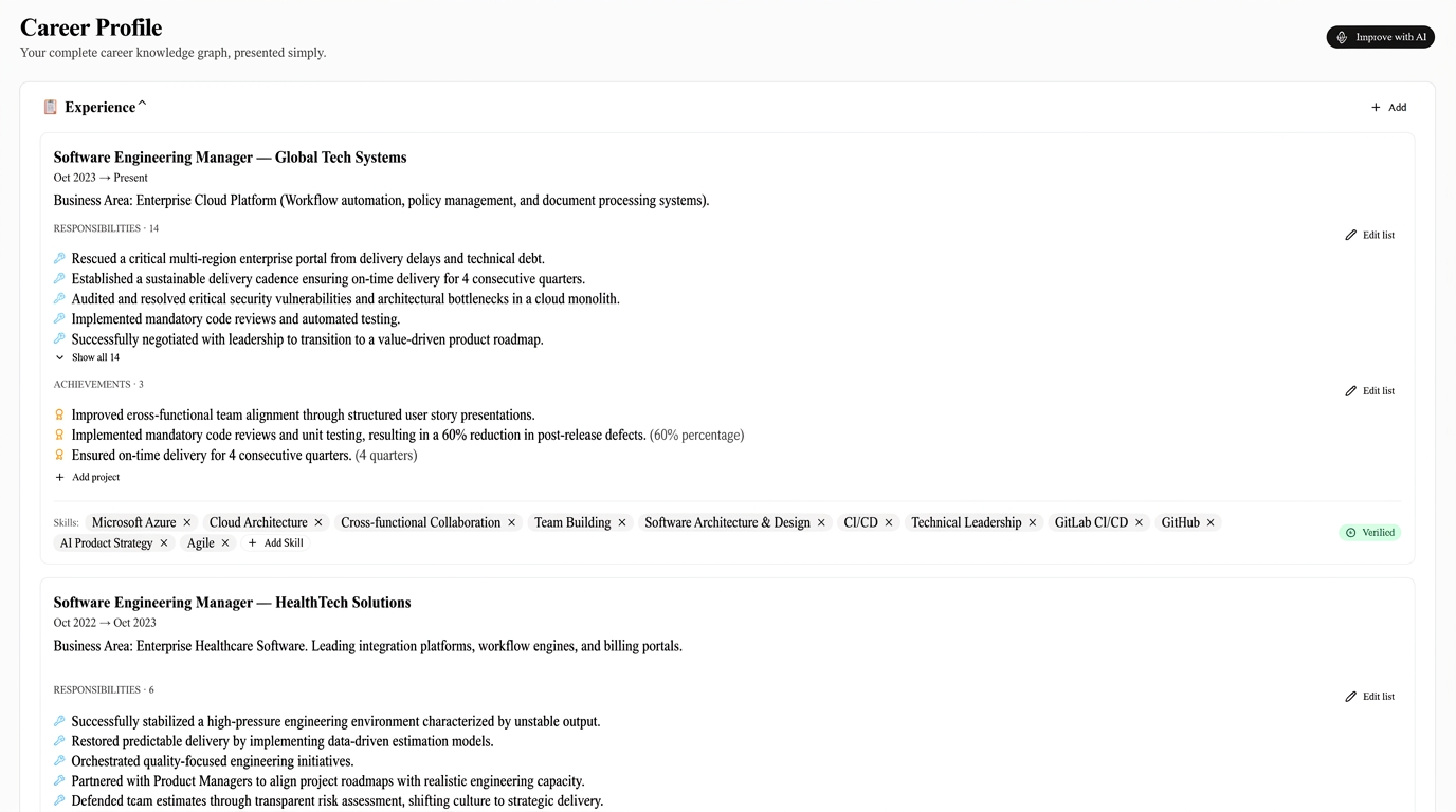 Career profile view with experience, achievements and skill cards