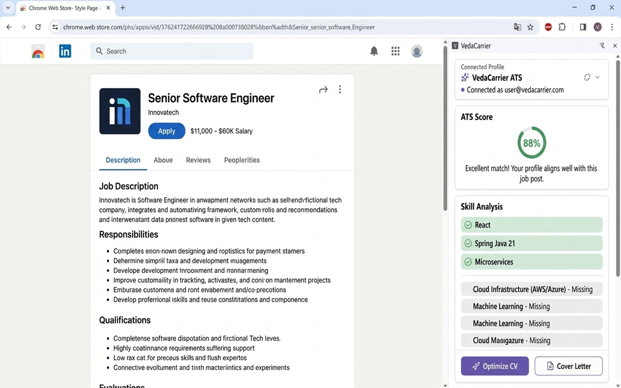 Chrome side panel showing a match score next to a job posting
